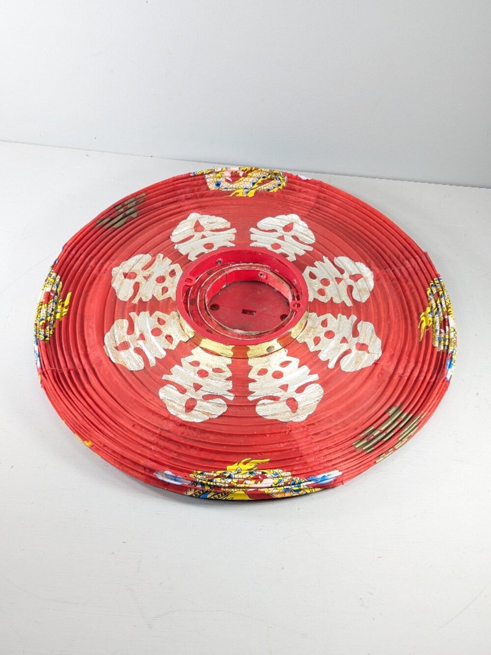 Vintage traditional red Chinese fabric lantern with dragon & pearl motif